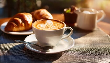a cup of cappuccino with latte art an croassant breakfast on a coffee house bistro table in the sunshine