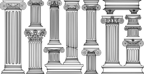 Line Greek pillars and Roman columns, ancient architecture and antique buildings, vector icons. Greece or Rome architecture column pillars of marble stone in line art with pilasters and ornate cornice