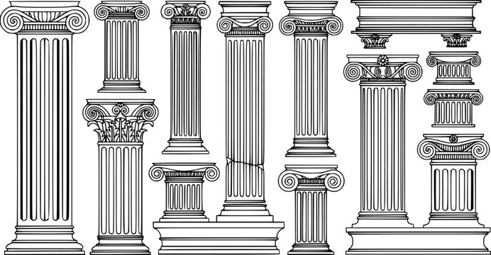 Line Greek pillars and Roman columns, ancient architecture and antique buildings, vector icons. Greece or Rome architecture column pillars of marble stone in line art with pilasters and ornate cornice