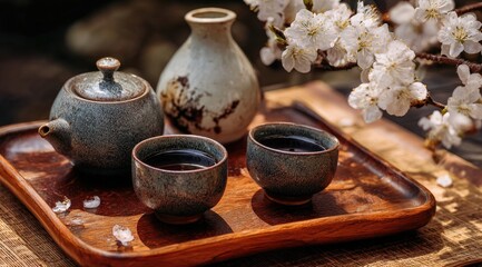 A wooden tray holds a tea set,  featuring  gray-blue pottery and white blossoms
