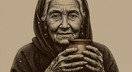 Detailed stippled illustration of an elderly woman holding a clay cup warmly