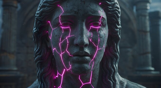 Stone angel statue with glowing pink cracks in a mysterious ancient setting