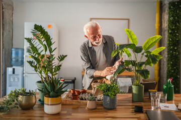 Senior man cleaning houseplant leaves with cloth at home