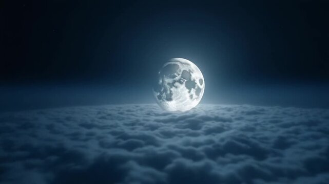 CGI Silvery moon glowing brightly in the dark night sky over Earth