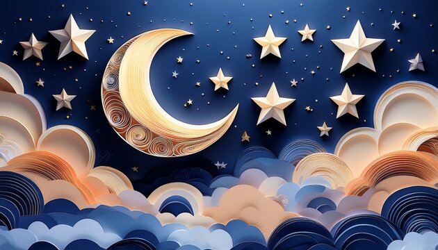 night sky with stars and moon paper art style dreamy background with moon stars and clouds abstract fantasy background half moon stars and clouds on the dark night sky background