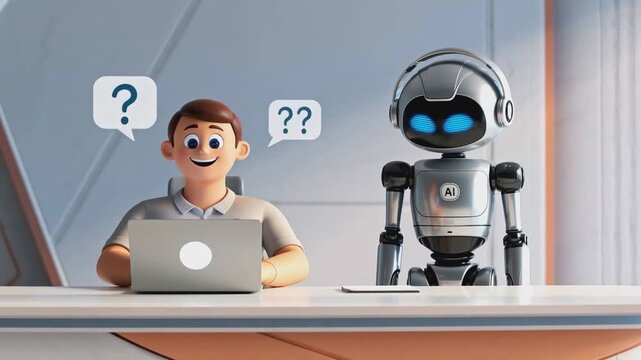 3D cartoon man using laptop with AI robot assistant sitting next to him at desk. Speech bubbles with question marks above character. Artificial intelligence and digital help concept. Design for banner