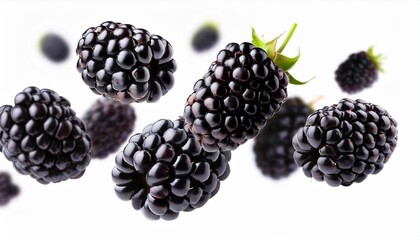 fresh blackberries in mid air isolated on white background