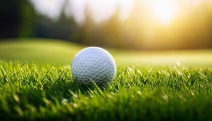 Obraz premium closeup of a single golf ball resting on lush green grass under natural sunlight