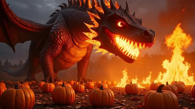 Terrifying dragon breathing fire amidst a pumpkin patch creating a spooky Halloween scene