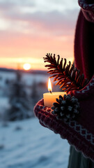 Fototapeta premium Warm Candlelight and Pine Cone on Knitted Scarf in Snowy Landscape at Sunset vertical