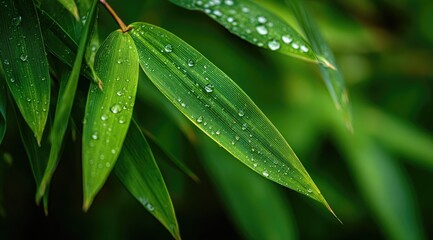 Close-up of vibrant green bamboo leaves covered in dew drops