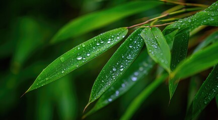 Close-up of bamboo leaves glistening with raindrops