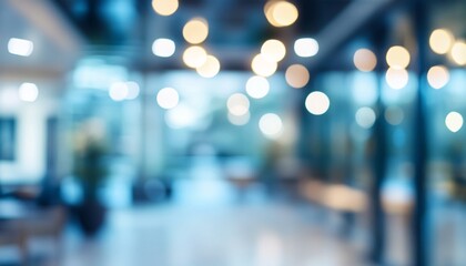 The image shows an out-of-focus indoor scene with blurred lights, furniture, and architectural elements, predominantly in shades of blue and white.