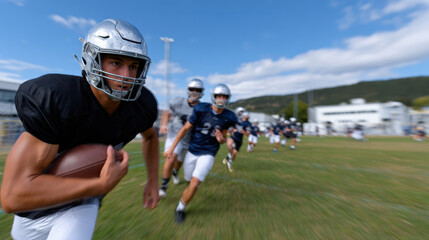 A young athlete in a football practice rushing with the ball, showcasing determination, strength, and teamwork in a dynamic sports environment filled with energy and vigor.