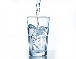 Water pouring into a clear glass, isolated on white background, refreshing drink, clean liquid, hydration, transparent, thirst, studio shot