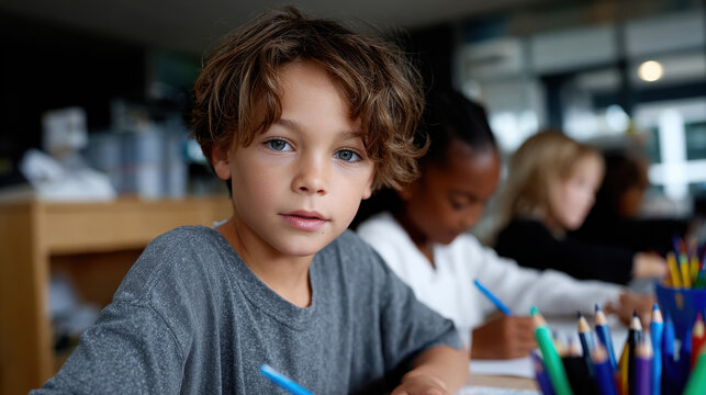 A young boy concentrated on his artwork in a classroom, depicting creativity and dedication as he engages with colors and materials in a supportive learning environment.