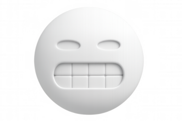 Minimalist white 3d emoji showing teeth with a transparent background, expressing anger or frustration