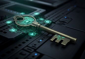 Antique Key with Circuit Board Design and Digital Security Icons