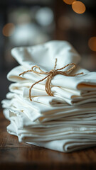 Stack of Folded Cotton Napkins Tied with Jute Twine vertical