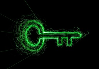 Abstract Green Light Painting Key Shape on Black Background