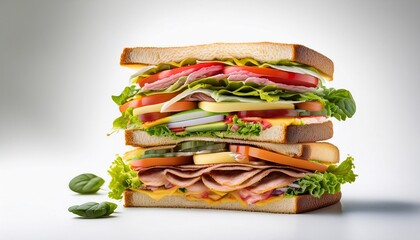 a towering sandwich stands tall against a bright white backdrop perfectly stacked with fresh ingredients
