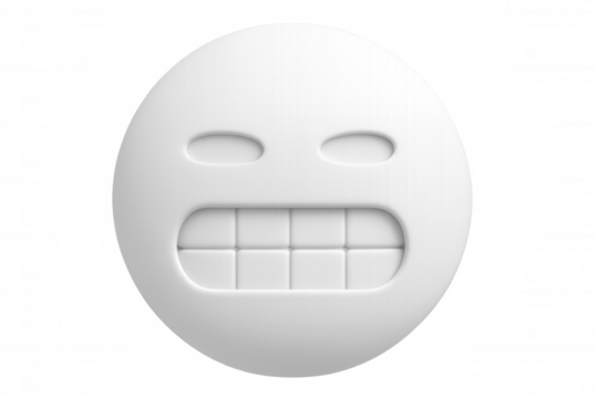 Minimalist white 3d emoji showing teeth with a transparent background, expressing anger or frustration