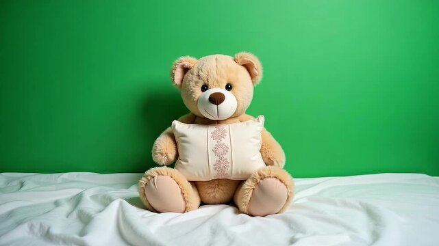 Adorable teddy bear sits peacefully holding a small patterned pillow against a vibrant green backdrop.