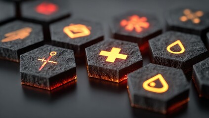 Dark hexagonal icons, glowing symbols