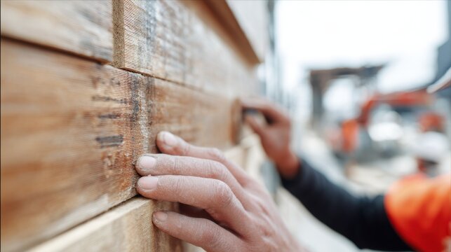 Medium shot showcasing a worker applying biocomposite boards on a wall the detailed grain of the composite in clear focus while the construction site behind remains blurred.