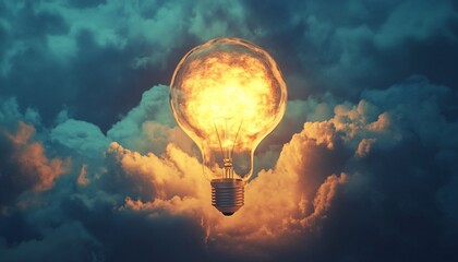 A glowing lightbulb with a fiery center floats among fluffy clouds in a dark, stormy sky.