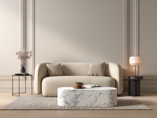Beige minimalist living room with marble coffee table