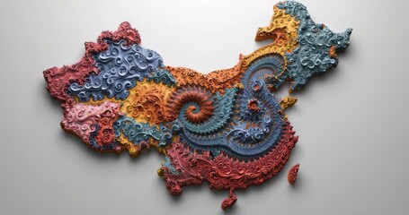 Frame changes cycling 3D baroque-style China relief map through pastel to rich gold hues in studio - Powered by Adobe