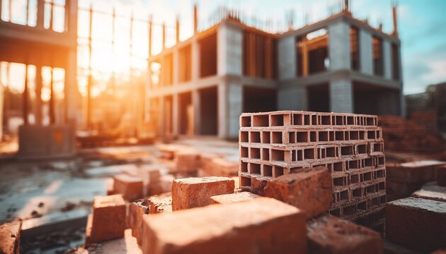 The image shows a close-up of bricks at a house construction site, with a partially built house visible in the background.
