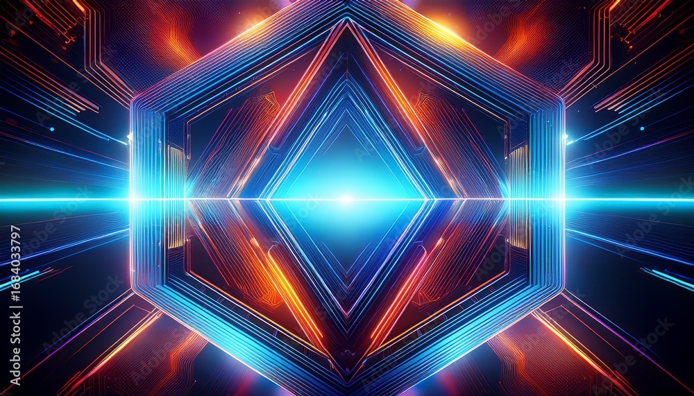 Wall mural a vivid digital background with a symmetrical pattern of hexagons in a dark space