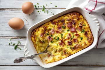 Creamy, savory egg bake with bacon, garnished with fresh chives, in a white baking dish on a white wooden table. Two eggs rest beside the dish