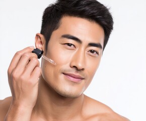 Fototapeta premium A man applies serum to his face, showcasing healthy skin care.