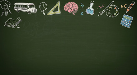 Educational chalkboard background with hand-drawn school-related icons at the top of the frame.
