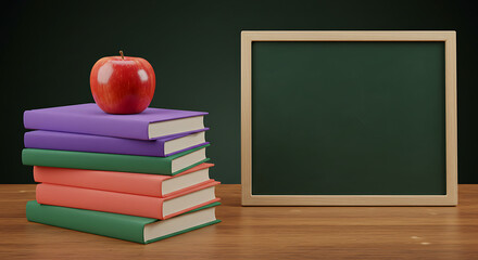 Obraz premium Classroom scene with stack of books and a fresh apple sitting on top of the stack, with board.
