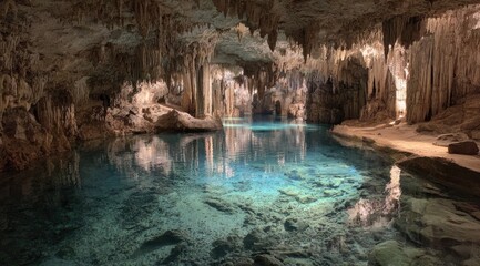 Crystal-clear pool in a cavernous cave. Stalactites and stalagmites hang from the ceiling.  Rocky bottom