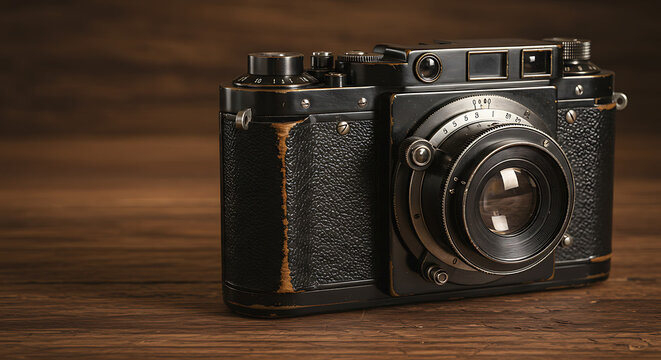 A vintage camera shows its age on a wooden table, telling silent stories of days gone by. - Powered by Adobe