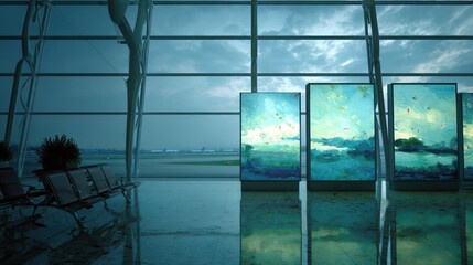 Airport interior features landscape art display, with rows of empty seating nearby