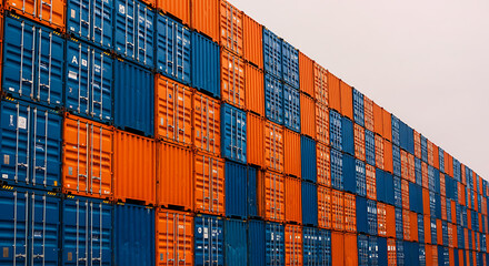 Fototapeta premium Stacked containers of various blue and orange colors, arranged in neat rows, under a cloudy sky.