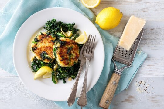 Creamy spinach and ricotta fritters on a white plate, garnished with lemon wedges and parmesan cheese