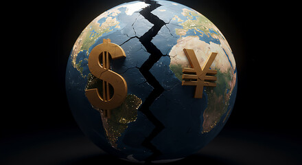 A fractured world globe with currency symbols of the dollar and yen, depicting global economic division.