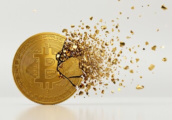 Gold Bitcoin Crumbling into Fragments on White Background