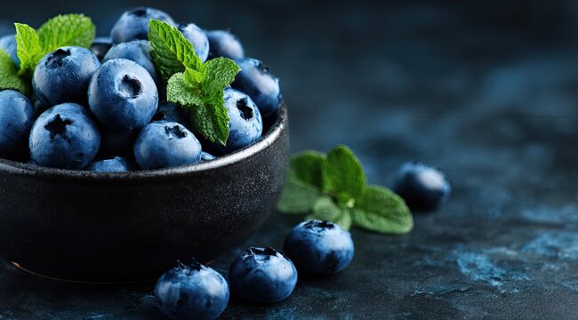 Fresh blueberries in a dark bowl, with mint leaves