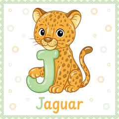 Letter J with Jaguar Cute Educational Alphabet Flashcard for Kids