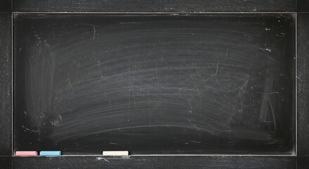 A darkened chalkboard with remnants of chalk dust stands ready for new lessons and creations.