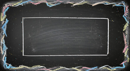 A black chalkboard featuring a rectangular white chalk outline and a colorful chalk border.