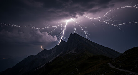 The majestic mountain peaks are dramatically illuminated by a vibrant bolt of lightning, showcasing the raw power of nature against a dark, foreboding sky. 